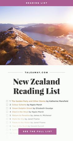 the new zealand reading list with mountains in the background and text overlaying it