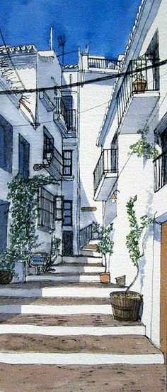 watercolor painting of an alleyway with stairs and potted plants in the foreground