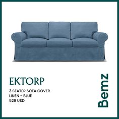 a blue couch with the text extrop 3 seat sofa cover written below it