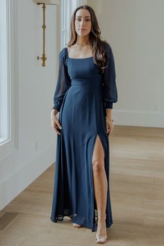 Giselle Maxi Dress | Navy Simple Gowns For Women Casual, Banquet Outfits, Long Sleeve Bridesmaid Dress, Prom Inspo, Pinterest Wedding, Winter Formal Dresses, Baltic Born, Dress With Sleeves, Dresses Simple