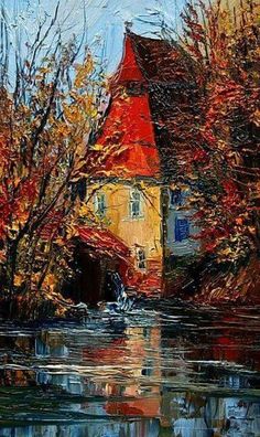 an oil painting of a house on the water with trees and leaves in front of it