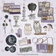 an illustration of various items that include candles, books and other things to make it look like