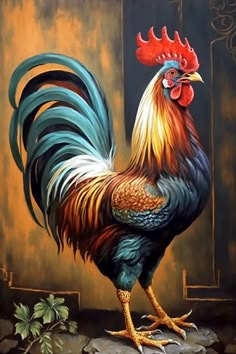 a painting of a rooster standing on top of a rock next to a plant and door