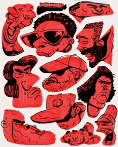 red and black ink drawings of people with hats, sunglasses and beards on white paper