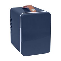 an image of a blue and white portable refrigerator with leather handle on the front side