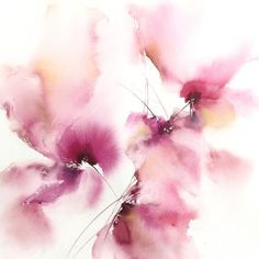 an abstract painting of pink flowers on a white background with watercolors and brush strokes