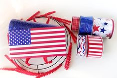 Patriotic American Flag Wreath Kit - Designer DIY American Flag Wreath, Wreath Kit, Flag Wreath, Wreath Hanging, Patriotic Wreath, Wreath Forms, Wired Ribbon, Beautiful Wreath, How To Make Wreaths