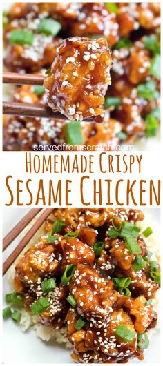 the recipe for homemade crispy sesame chicken is shown with chopsticks