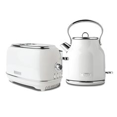 a white toaster and kettle sitting next to each other