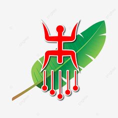 a red sticker with an image of a person holding a green leaf