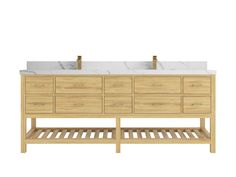 the double sink vanity is made from wood and has two marble top basins on each side