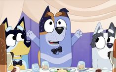 three cartoon dogs sitting at a dinner table