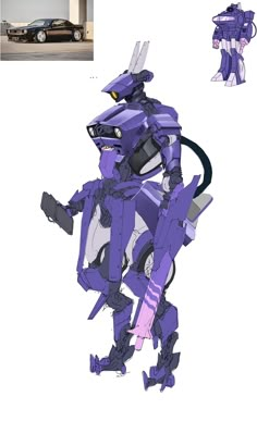 a purple robot standing next to a car on top of a white ground with another drawing behind it