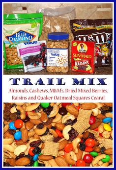 the trail mix is packed with nuts, candy and other snacking ingredients to make it easier