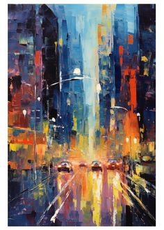 an abstract painting of cityscape with cars on the street at night, in bright colors