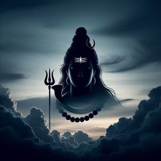 an image of lord ganesh in the sky with clouds and moon behind it on a cloudy day