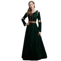 a woman in a long green dress with gold trimmings on the waist and shoulders