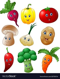 a group of vegetables with faces drawn on them