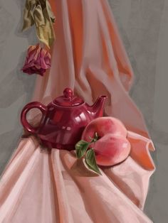 a painting of a teapot and two peaches on a pink cloth with flowers in the background