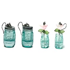 three glass jars with flowers in them on a white background