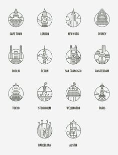 the logos for different cities and towns in england, new york, berlin, san francisco, wellingtonia, melbourne, australia