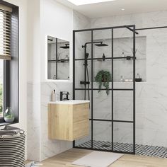 a bathroom with a shower, sink and mirror