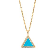 LUIS MORAIS 14K yellow gold triangle pendant with white diamond baguettes and a Turquoise gemstone backing. Necklace With Diamond, Gold Triangle, Heavy Chain, Triangle Pendant, Delicate Chain, Baguette Diamond, Chain Pendant, Turquoise Gemstone, Chain Pendants