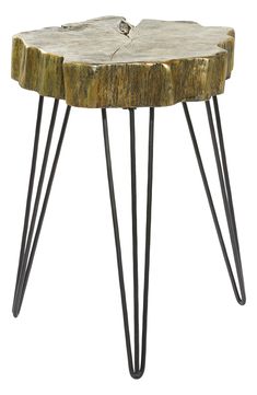 a wooden table with black hairpinks on it's legs and a piece of wood