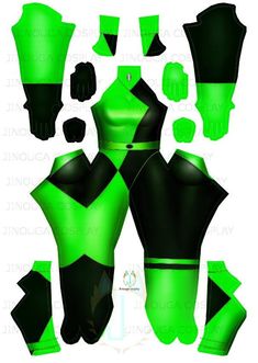 the green and black bodysuit is cut out to look like it's made from paper