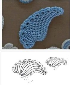 the crochet pattern is shown in blue and white, along with an image of shells