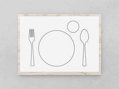 a drawing of a plate, fork and knife on a wooden frame against a gray wall