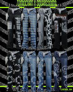 several different types of jeans are displayed on a black and white background with the words,