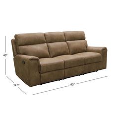 the reclining sofa is shown with measurements