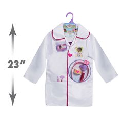 a child's white lab coat with pink trimmings and buttons on the chest