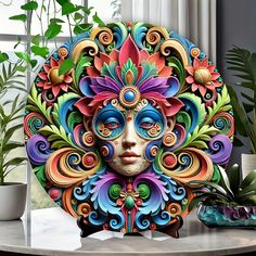 an artistic paper art mask sitting on top of a table next to potted plants