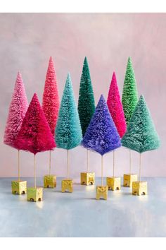 five small trees are lined up in different colors and sizes, with gold boxes on each side