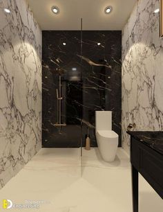 a bathroom with black and white marble walls