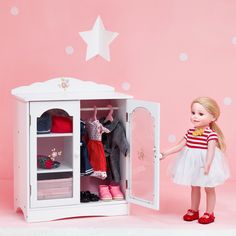 PRINCESS DOLL CLOSET SYSTEM: Features a classic white finish with flower embellishments for a fun and functional addition to your child's bedroom or play area VERSATILE STORAGE: Provides an area for hanging and three shelves for folded clothes, including 3 hangers and a pale pink storage bin EASY-TO-CLEAN DESIGN: Durable and eco-friendly MDF construction is kid-safe and easy to wipe clean with a damp cloth for every day messes PLAYFUL ROOM DECORATION: Purchase alone or with other items from the Fancy Closet, Baby Doll Furniture, Pink Hangers, Wooden Closet, Doll Closet, Princess Toys, Baby Doll Accessories, Our Generation Dolls, Doll Beds