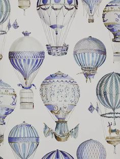 blue and white hot air balloons are on the wall in this room, with many different designs