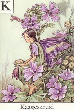 a painting of a fairy holding a teddy bear in her lap and sitting on some flowers