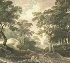 an image of a painting with trees and rocks in the foreground, on which is a dirt path