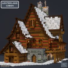 an image of a house made out of legos in the snow with text overlay that reads, winterland cabin