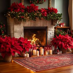 Premium Poinsettias Holiday Illustration Lush Christmas, Holiday Diy Projects, Holiday Mantel, Christmas Fireplace Decor, Pine Cone Decorations, Christmas Mantel Decorations, Hooked Wool, Navidad Diy, Christmas Fireplace