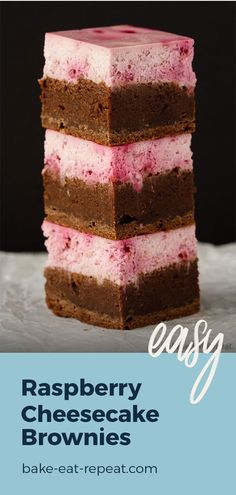 raspberry cheesecake brownies stacked on top of each other with text overlay