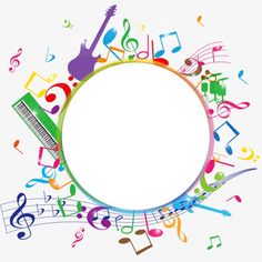 an image of musical instruments and music notes around a round white circle with space for your text