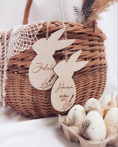 There is a easter basket with Wooden  decor. Palette Home Decor, Decorating Easter Baskets, My First Easter, Personalized Easter Bunny, Custom Easter, Personalized Bunny, Acrylic Wedding Invitations, Laser Engraved Wood, Baby Easter