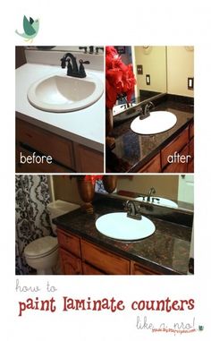 the before and afters of painting laminate countertops in a bathroom with red flowers