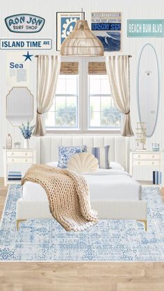 a bedroom with white furniture and blue accents on the walls, along with an ocean themed bed