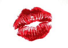 red lips painted with glitter on white background