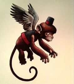 a drawing of a monkey with wings and a top hat on it's head